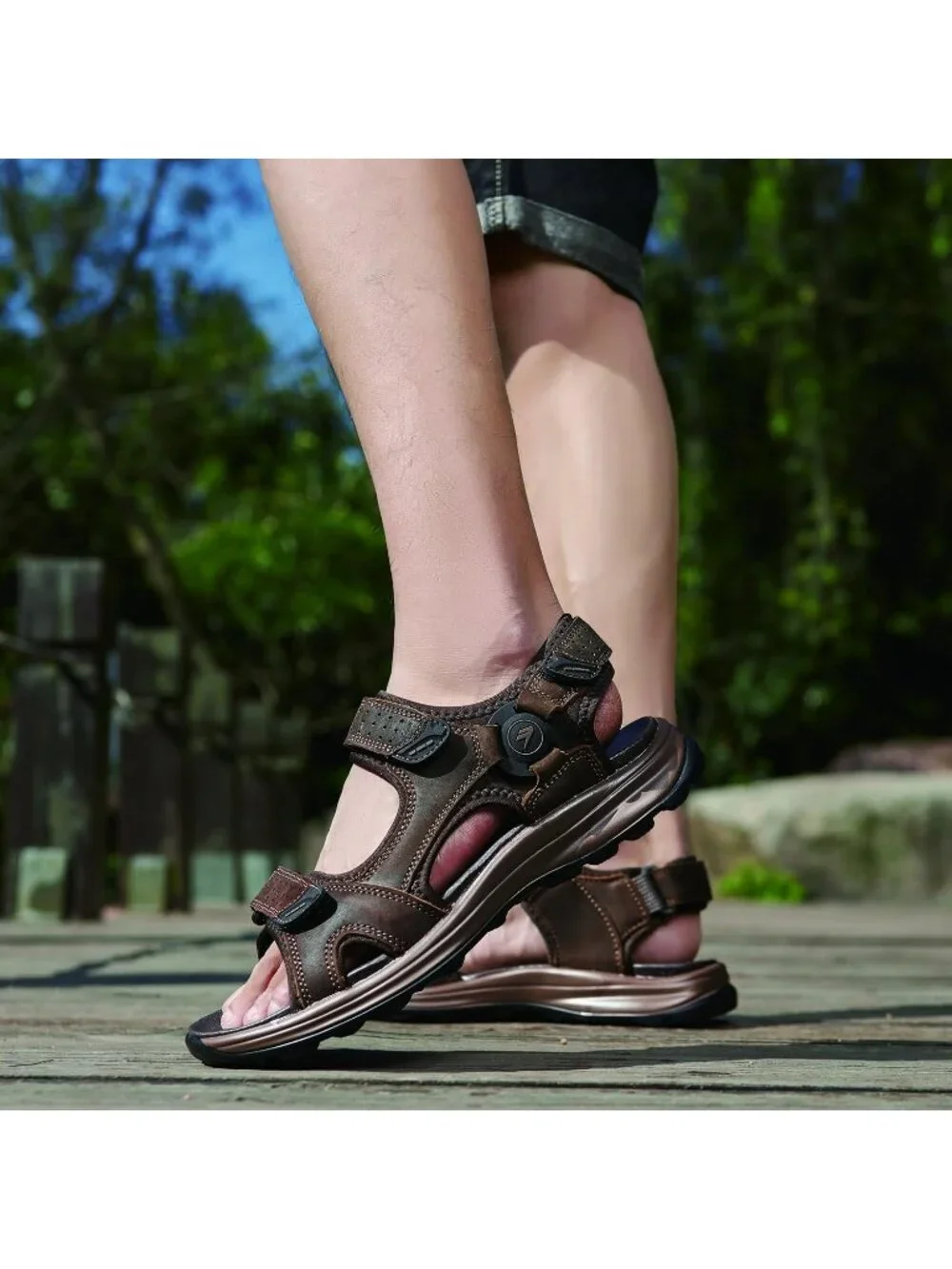 Mens Dark Brown Adjustable Open Toe Leather Athletic Sport Hiking Sandal Shoes